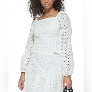 Karl Lagerfeld Cotton Eyelet Square Neck Top White Size Small